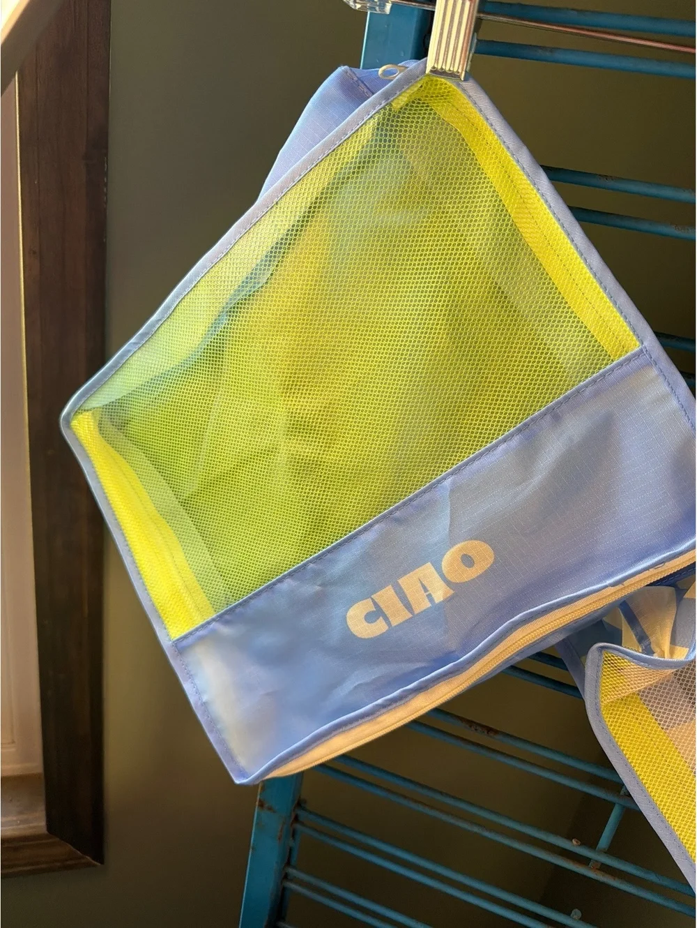 Set of 2 Blue and Yellow Mesh Travel Packing Cubes with 'Ciao' and 'Bon Voyage'